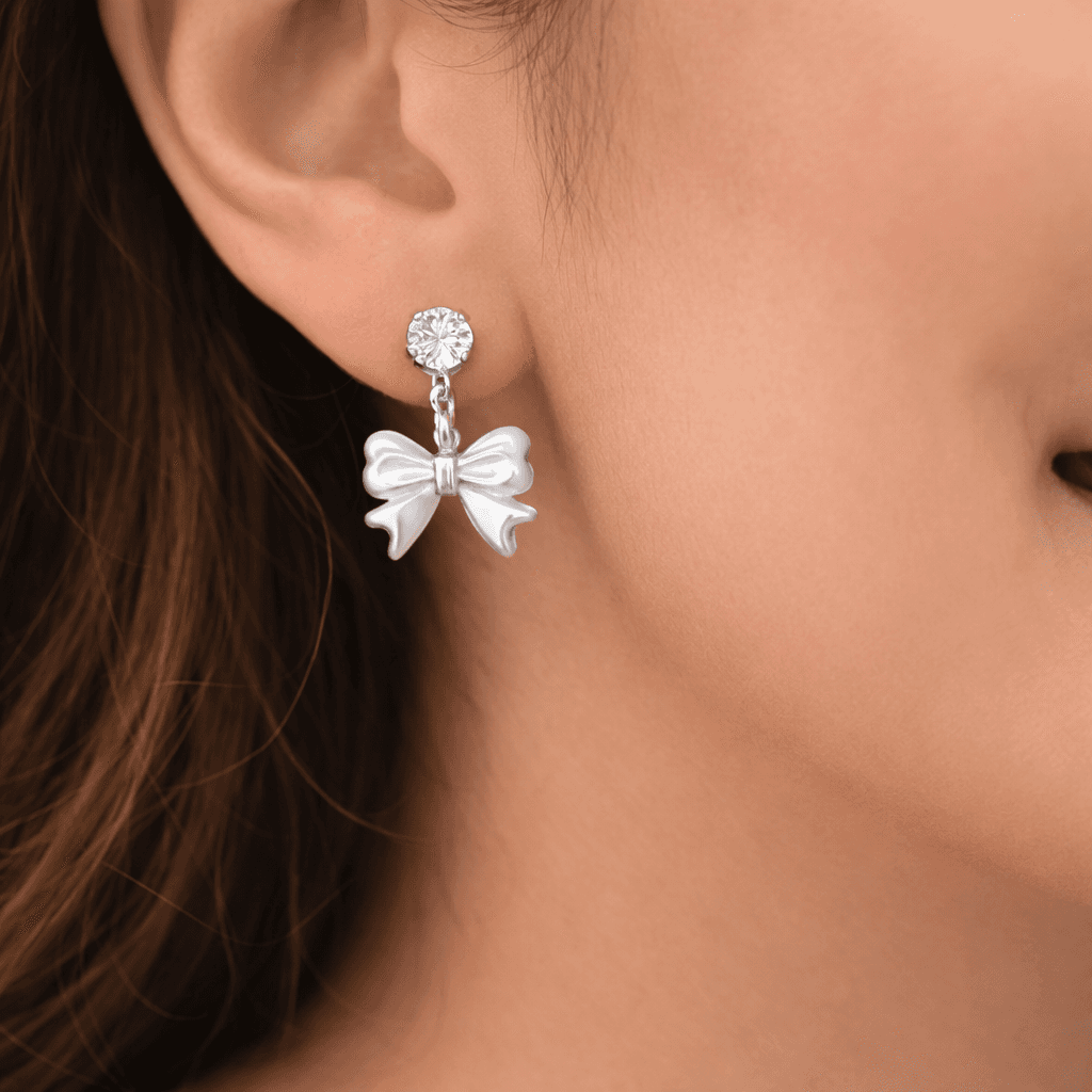 Silver Bow Drop Crystal Earrings