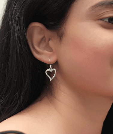 Open Heart Silver Dangle Earrings - View 1